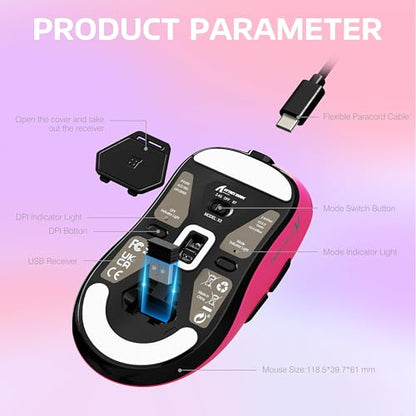 MANBASNAKE Attack Shark X3 49g Lightweight Wireless Gaming Mouse, Berry | Triple Mode Ergonomic Computer Mouse, PAW3395 26K DPI Sensor,200h Battery Life, Programmable Buttons for PC/Mac/Win - color: Berry
