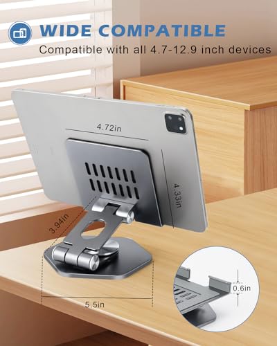 Tablet Stand, Aluminum Desktop Holder, Compatible with 5-12.9" iPad, Grey | 360° Swivel Adjustable Viewing Angles; Sturdy All-Aluminum Design Improve heat dissipation; Foldable and Storage; - color: Grey