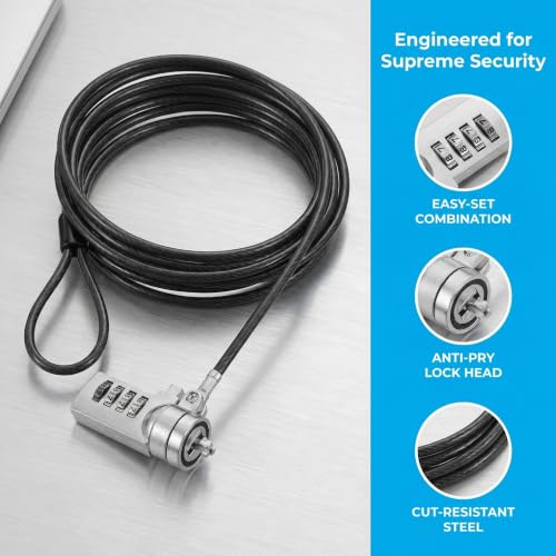 Laptop Security Cable Lock with 4-Digit Combination, Flexible Lightweight Steel and Plastic Construction, 6ft Portable Anti-Theft Lock for Laptop and Electronic Devices at Office