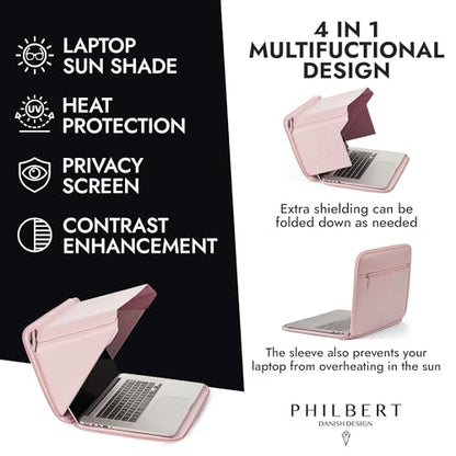 4-in-1 Laptop Screen Shade – Original Pro Sleeve – Built-in 4-in-1 Screen Shade, VeganHemp Leather, Sun, Privacy, Heat & Contrast Protection, Fits 13” MacBook, Patented, Pink | PHILBERT Danish Design - color: Pink, size: 13in