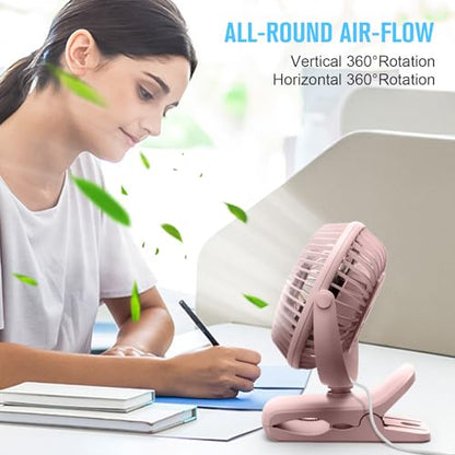 BESKAR Small Clip on Fan, 3 Speeds USB Fans with Strong Airflow, Clip & Desk Fans USB Plug in with Sturdy Clamp - Ultra Quiet operation Fan for Office Dorm Bedroom Stroller - color: Full Pink