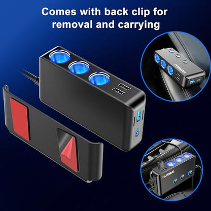 9-in-1 Cigarette Lighter Splitter 264W 3 Socket USB C Car Adapter | 264W PD30W & QC3.0 USB-C fast charge. 3 sockets. 12V/24V. Independent switches, LED voltmeter & waterproof for trucks/cars.