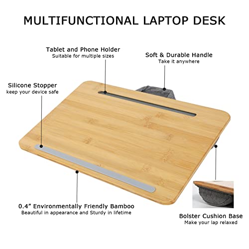 SUMISKY Portable Laptop Desk with Cushion and Phone Holder Bamboo Laptop Stand for Sofa Fits Up to 14 Inches - size: S(16.5"x10.8")