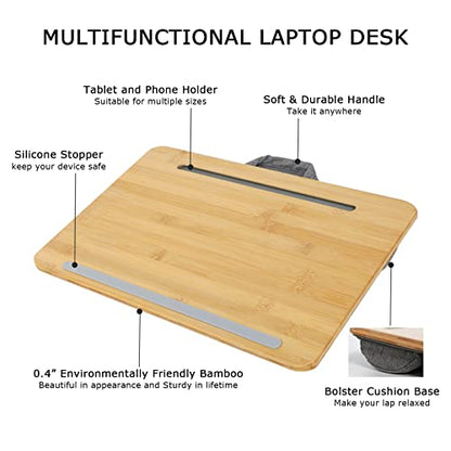 SUMISKY Portable Laptop Desk with Cushion and Phone Holder Bamboo Laptop Stand for Sofa Fits Up to 14 Inches - size: S(16.5"x10.8")