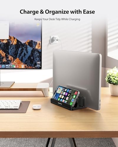 AboveTEK Vertical Laptop Stand Holder, 3 Slots Aluminum Desk Stand with Adjustable Dock Size for Tablet, MacBook, Phone - Universal Fit (up to 17.3") - Heavy Duty Polished, Anti Slide - Black - color: Black