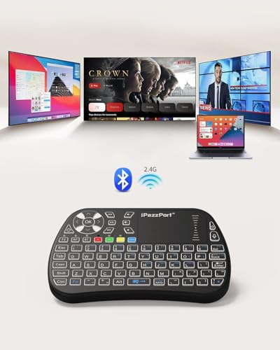 iPazzPort Bluetooth Mini Keyboard with Touchpad, 2.4G Keyboard and Mouse | IR Learning Support • Cyclic RGB Backlit • Rechargeable • PC, Smart TV, Laptop, Android TV Box • Type-C