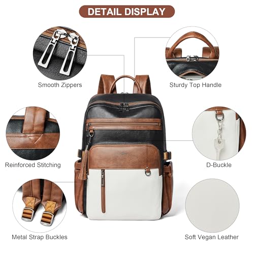 Shrrie Vegan Leather Laptop Backpack for Women,17 Inch Computer Backpack Purse for Work Business College Travel Teacher Nurse with Anti-theft Pocket & Giant Tumbler Holder,Black and Beige with Brown - color: Black and Beige With Brown
