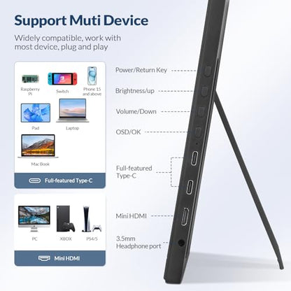 Rii Portable Monitor, 16 inch FHD 1200P, 16:10 Horizontal/Vertical Monitor, Laptop Screen Extender Built-in Speakers, Portable Monitor for Laptop MacBook Surface PC PS4/5, VESA Mountable, Plug & Play