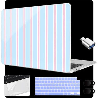 MEEgoodo Case for M5/M4/M3/M2 MacBook Air 15 inch Case 2026 2025 2024 2023, Laptop Shell Fit Model (A3448/A3241/A3114/A2941) for MacBook Air 15.3-inch, Pink and Blue Stripes - color: Pink And Blue Stripes