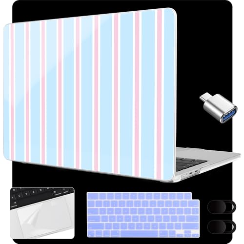 MEEgoodo Case for M5/M4/M3/M2 MacBook Air 15 inch Case 2026 2025 2024 2023, Laptop Shell Fit Model (A3448/A3241/A3114/A2941) for MacBook Air 15.3-inch, Pink and Blue Stripes - color: Pink And Blue Stripes