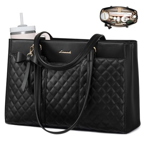LOVEVOOK Laptop Tote Bag for Women,15.6 Inch Work Bags PU Leather Teacher Tote Bag,Waterproof Quilted Computer Bag for Office Professional Briefcase Gifts - color: Black-a, size: 15.6 Inch