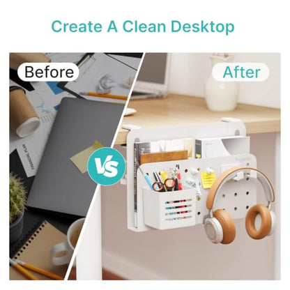 PEGZONE Desk Side Storage Organizer, No Drill Under Desk Laptop Holder, Clamp on Desks Shelf with Pegboard Accessories, Hanging Laptop Mount, Fits Flat Edge 0.4" to 2.2", White | No Drill Under Desk Laptop Holder, Clamp on Desks Shelf with Pegboard Access