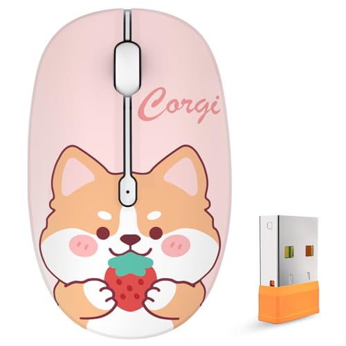 FMOUSE Cute Wireless Mouse, Bluetooth & 2.4GHz Dual Mode with USB Receiver, Silent Click, AA Battery Powered, for Kids Students Teen Girls, Compatible with Laptop Mac iPad PC (Strawberry Corgi) - color: Strawberry Corgi