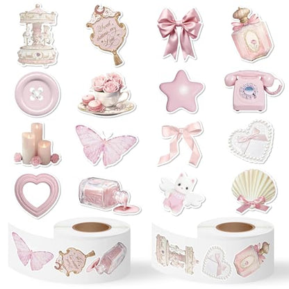 CNhoqc Pink Coquette Aesthetic Stickers - 1000 Pcs Realistic Coquette Aesthetic Sticker Roll Waterproof Vinyl Self Adhesive Laptop Sticker Scrapbook Water Bottle Page Activity Pad Birthday Party Favor - style: Pink Coquette Aesthetic