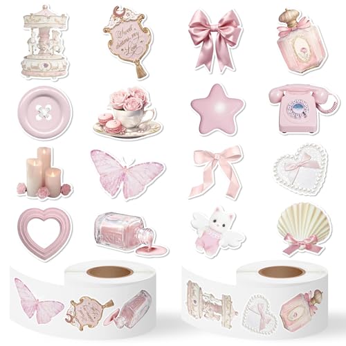 CNhoqc Pink Coquette Aesthetic Stickers - 1000 Pcs Realistic Coquette Aesthetic Sticker Roll Waterproof Vinyl Self Adhesive Laptop Sticker Scrapbook Water Bottle Page Activity Pad Birthday Party Favor - style: Pink Coquette Aesthetic