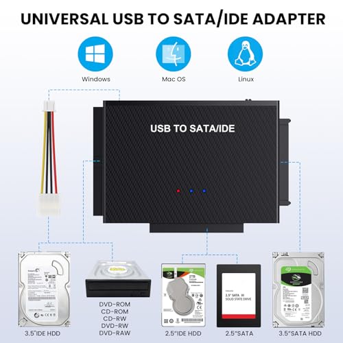 Hard Drive Reader USB 3.0 to SATA IDE Adapter, IDE SATA to USB + Type C External Hard Drive Adapter Data Recovery Converter Kit for Universal 2.5 3.5 HDD SSD Drive Disk, with 12V/2A Power Adapter