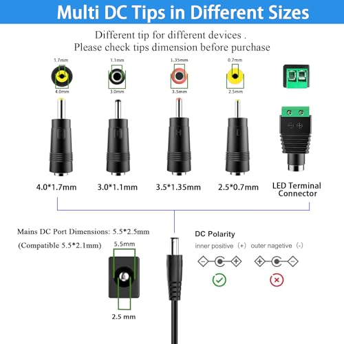 24V Power Supply Withe, AC 100-240V to DC 24 Volt 1A 24W Adapter. | DC 24V Power Cord Class 2 with 5 Tips, for LED Light Strip, String Lights, Soundbar, Massage Gun and More.