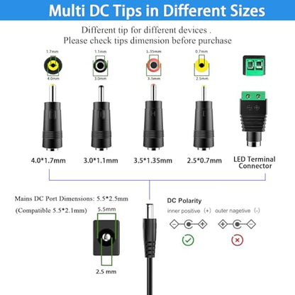 24V Power Supply Withe, AC 100-240V to DC 24 Volt 1A 24W Adapter. | DC 24V Power Cord Class 2 with 5 Tips, for LED Light Strip, String Lights, Soundbar, Massage Gun and More.