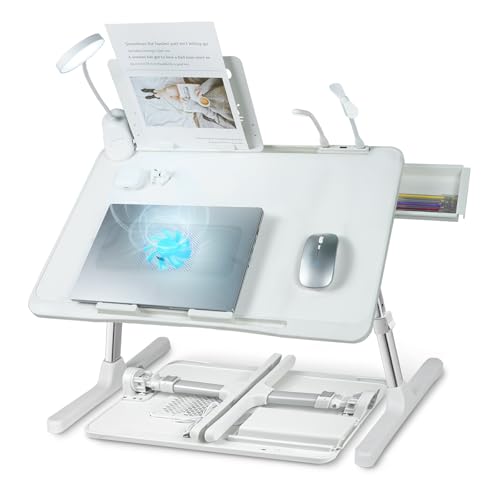 iXTRA Adjustable Laptop Lap Desk with Cooling Fan USB Light for Adults 56x32cm,White - color: White,56-32cm