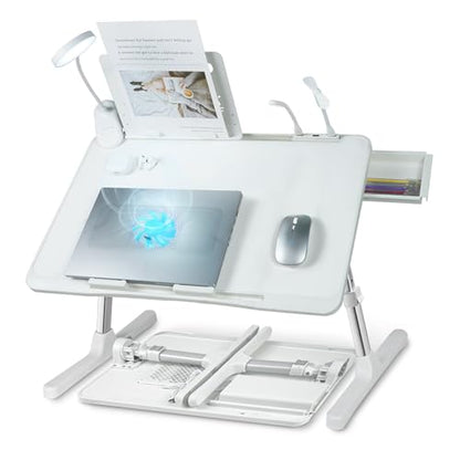 Adjustable Laptop Lap Desk with Cooling Fan USB Light for Adults 56x32cm,White - color: White,56-32cm