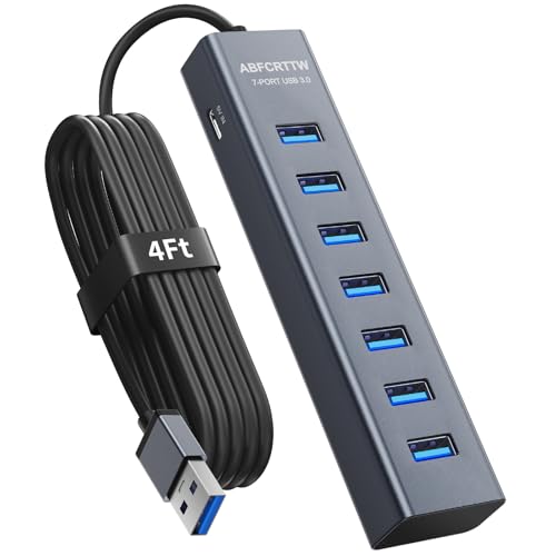 4Ft 7-Port USB 3.0 Hub for Desktop - Aluminium USB Extender Hub 5Gbps, USB Multiport Adapter, USB Splitter, USB Hub Long Cable for Desktop, PC, Flash Drive, Mobile HDD, Windows/XPS, 1.2m - size: 4Ft