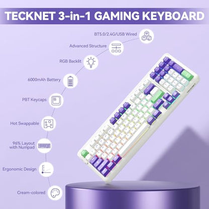 TECKNET Mechanical Keyboard,Tri-Mode Hot Swappable 96% Compact Keyboard | Tri-mode BT5.0/2.4G/USB-C,RGB backlit,pre-lubed switches,96% layout,works with PC,Laptop and Mac for gaming and office