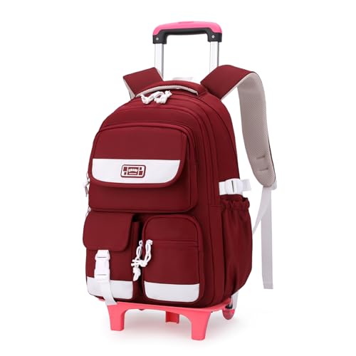 Solid Color Rolling Backpack for Girls Boys Cute Elementary school bag with wheels,Red Trolley Bags for Travel - color: B-red-2 Wheels, size: 2 Wheels