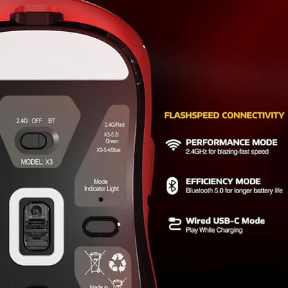 ATTACK SHARK X3 49g Ultra-Lightweight Wireless Gaming Mouse, Red&Tape | Bluetooth 5.2/2.4G Wireless/Wired, PAW3395 Gaming Sensor, 26K DPI, 200h Battery Life, Programmable Buttons for PC/Mac/Win - color: Red & Griptape