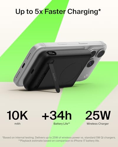 Belkin 10000mAh Qi2.2 25W MagSafe Power Bank w/Kickstand & Display | Wireless Charging Battery Pack, iPhone 17, Air, Pro, Pro Max, Google Pixel 10, Digital Battery Display, Magnetic - color: Black