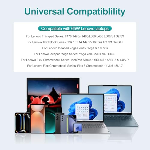 2025 New Slim 65W USB-C Laptop Charger Compatible with Lenovo ThinkPad T14 T15 T16 X1 T490,Yoga 7i 2-in-1,for Lenovo Chromebook Charger,IdeaPad3 Charger .Type-C Fast Charging AC Adapter