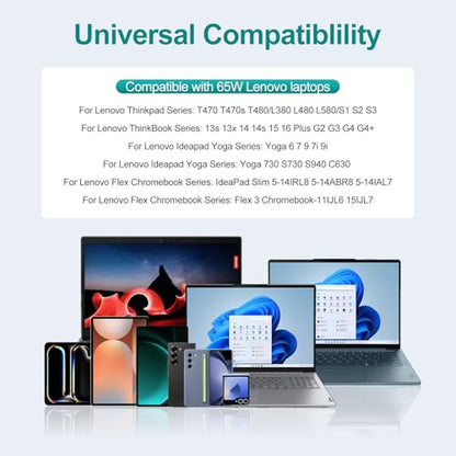 2025 New Slim 65W USB-C Laptop Charger Compatible with Lenovo ThinkPad T14 T15 T16 X1 T490,Yoga 7i 2-in-1,for Lenovo Chromebook Charger,IdeaPad3 Charger .Type-C Fast Charging AC Adapter