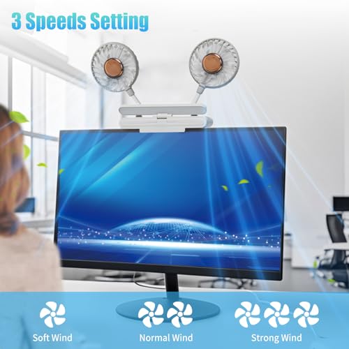Monitor Fan with LED Lights, USB Desktop Fan with 2 Rotatable Heads, 3 Speeds Desk Fans Small Quiet with Sturdy Adjustable Clamp, Strong Wind Office Personal Cooling Fans for Laptop, Desktop. - color: Gray Fan with Lights