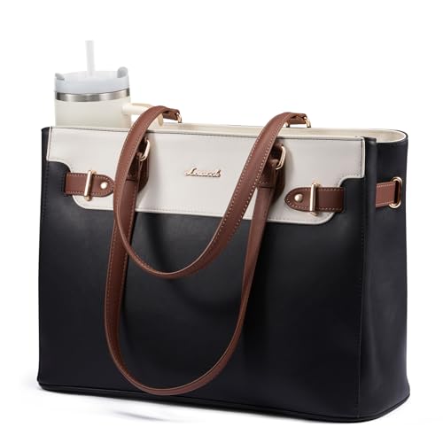 LOVEVOOK Laptop Tote Bag for Women Work, Teacher Tote Bag with Large Cup Holder, Waterproof Leather Computer Bag - color: Black-beige-brown, size: 15.6 inch