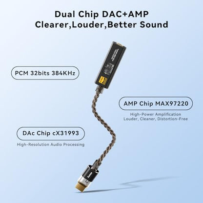 Xumee USB C to 3.5mm Audio Adapter,USB C DAC Dongle with Dual Chip (CX31993 + MAX97220), Hi-Res 32bit/384kHz, DAC AMP Dongle Compatible with iPhone 17/16/15 Series,Galaxy S26/S25/S24,Pixel (Black)