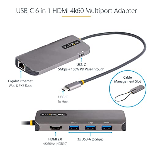 StarTech 6-in-1 USB-C Hub, 4K HDMI HDR10, 3X USB-A 5Gbps, GbE, 100W | USB 5Gbps hub, 100W laptop charging, Cable management, Shared USB-C power and USB 2.0 data, macOS iPadOS Linux ChromeOS - style: 6-IN-1