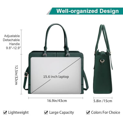 Laptop Bag for Women 15.6 Inch Leather Work Tote Briefcase Business Computer Shoulder Bag Large Capacity Waterproof Office Messenger Handbag Professional Teacher Nurse Carryall - color: Deepgreen