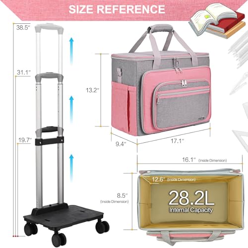 Rolling Teacher Bag With Wheels, Tote Organizer With Detachable Trolley - color: Pink