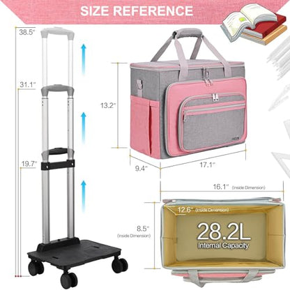 Rolling Teacher Bag With Wheels, Tote Organizer With Detachable Trolley - color: Pink