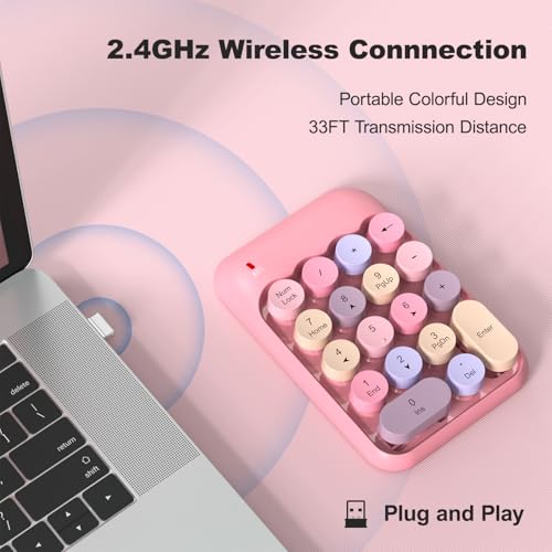 MOWUX Wireless Number Pads, Cute Colorful Numeric Keypad Numpad Portable 2.4 GHz Financial Accounting Number Keyboard Extensions, 18 Key Number Numpad for Laptop Desktop, PC (Pink) - color: Pink