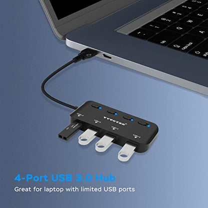 4-Port USB 3.0 Hub, VVTOYER Portable USB Hub Splitter for Laptop, with Individual Power Switch and USB-C Adapter - color: 1103CT black