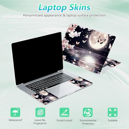 Laptop Skin Sticker Decal 12"-15.6" Universal Laptop/Notebook/Netbook Vinyl - Waterproof Scratch Resistant,Fits HP Dell Lenovo MacBook,2 Free Wrist Pads,Easy Apply & Remove,Cherry Blossom Moon - color: Cherry Blossom Moon