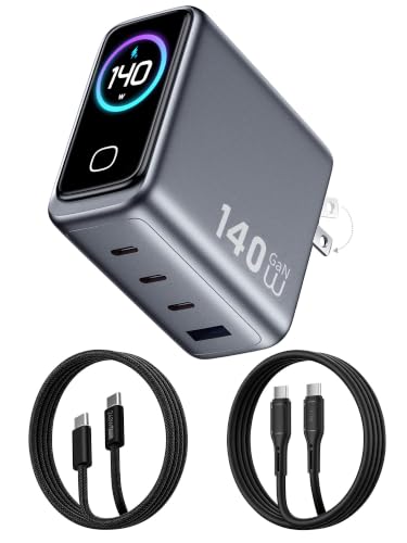 USB C Charger Block 140W Smart Display Touch Control Charging Block Foldable Compact Wall Plug 4 Port PD PPS GaN Charger with 2 Pcs 5Ft Cable for MacBook iPad iPhone 17/16/15 Series Tablet Laptop - color: Space Grey