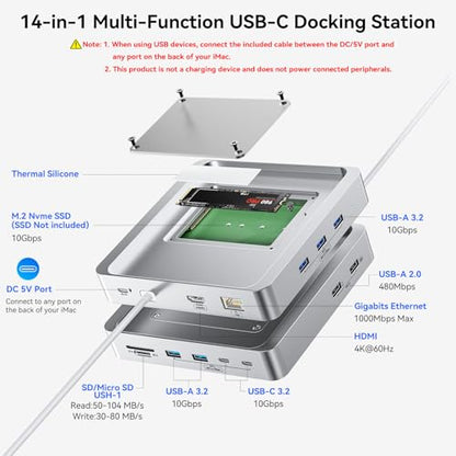 AGEEN 14-Port 10Gbps USB-C Hub for iMac 24 inch 2021/2023/2024 M1/M3/M4, 5 USB-A & 2 USB-C 3.2 Ports, 4K@60Hz HDMI, 1Gbps Ethernet, SD/TF Card Slot, M.2 NVME SSD Slot (SSD Not Included)