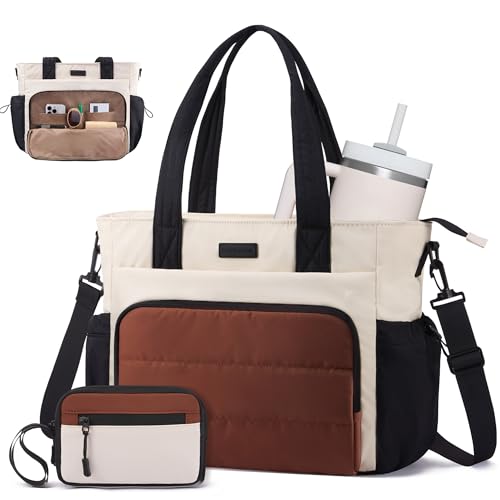 LOVEVOOK Tote Bag for Women, 15.6 Inch Puffer Laptop Work Tote with Cup Holder, Quilted Nurse Bag for Travel, Gym, Daily Use - color: Black/White/Brown, size: 15.6 inch