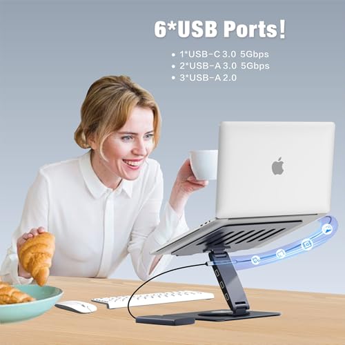 Adjustable Laptop Stand for Desk with Docking Station 9-in-1, Aluminum Laptop Riser with USB Hub, 360° Swivel, Dual Display 4K60Hz HDMI, 3 USB3.0, 100W PD Charging, for MacBook Pro Air/Dell/HP 7-15.6" - size: 9-in-1 Hub Laptop Stand