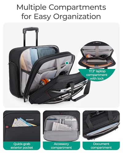 BAGSMART Rolling Laptop Bag, Briefcase with Wheels 17.3 Inch Laptop, Black | Fits 17.3 Inch Laptop, Overnight Rolling Bag with TSA Lock, Computer Bag for Travel/Men/Women, Black