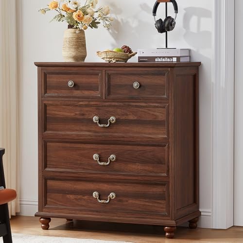 Joaxswe Farmhouse 5 Drawer Dresser for Bedroom, 35" Tall Rustic Chests of Drawers w/ 4 Solid Wood Feet, Mid Century Modern Wooden Closet Storage Dressers Organizer for Living Room, Hallway,Brown - color: Brown, size: 15.7"D x 31.5"W x 35.2"H (5 Drawers)