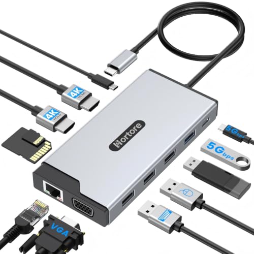 Docking Station 12-in-1 USB C Hub Multiport Adapter for Triple Display | Support SST and MST,2 HDMI,1 VGA, RJ45,100W PD,USB A&C 3.0 Ports,SD/TF Card Reader,for MacBook/Dell/HP/Lenovo