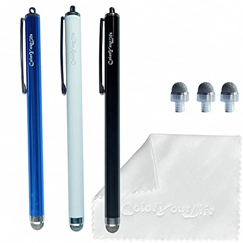 3-Pack 5.3'' Micro-Knit Mesh Tip Capacitive Stylus Pens for Touch Screens with Replaceable Fiber Tips, Universal Stylus Pens and Cleaning Cloth (Black, Blue, White) - color: Black, Blue, White