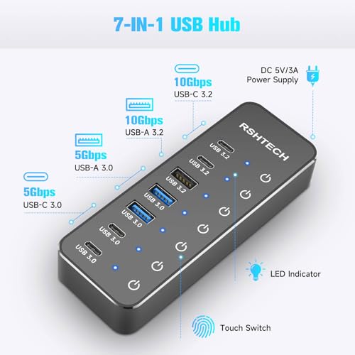 RSHTECH 7-Port Powered USB-C/USB 3.2 Data Hub Splitter, RSH-ST07C-4 | with 3 x 10Gbps USB-3.2(2C + 1A),4 USB-3.0 Ports(2C + 2A), 3.3ft USB-A/USB-C Cable, Touch Switches, and 5V Power Adapter
